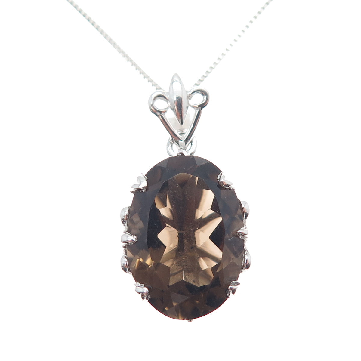 925 Sterling Silver Real Smoky Quartz Fleur de Lis Box Chain Necklace 18"