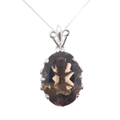 925 Sterling Silver Real Smoky Quartz Fleur de Lis Box Chain Necklace 18"