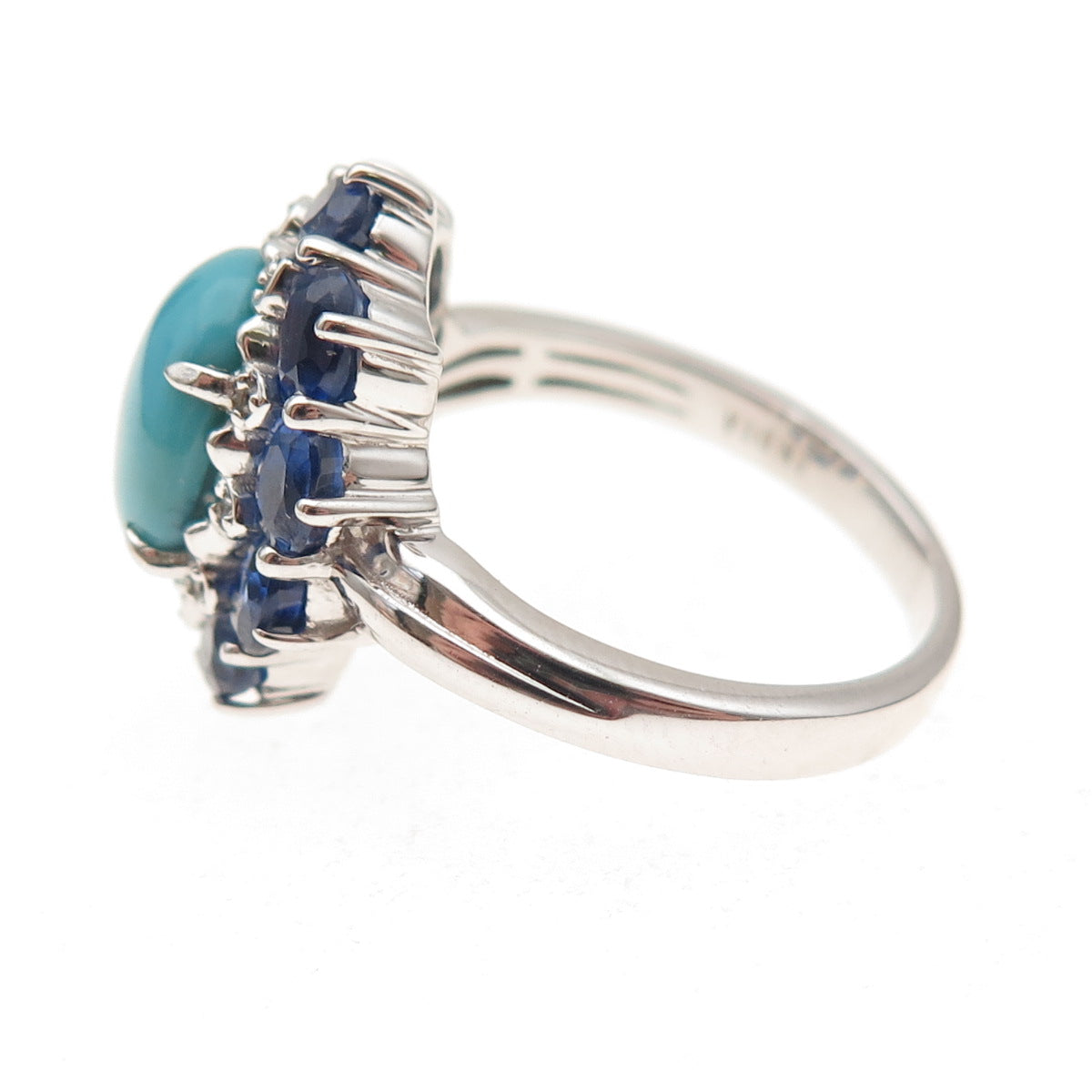925 Sterling Silver Real Diamond Turquoise & Sapphire Ring Size 8.25