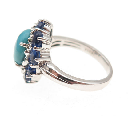 925 Sterling Silver Real Diamond Turquoise & Sapphire Ring Size 8.25