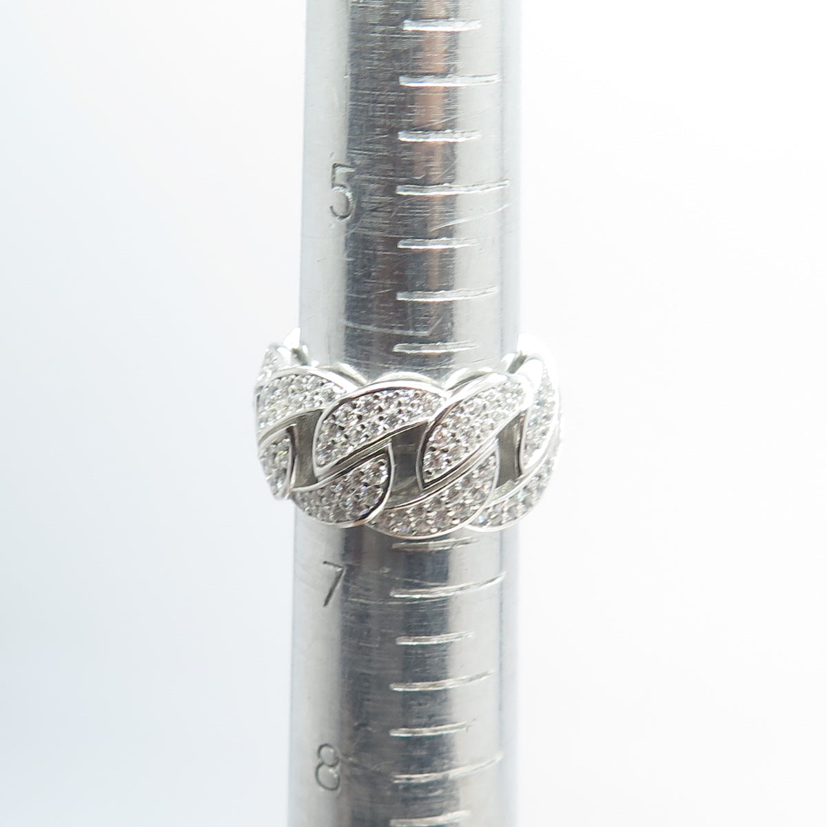 925 Sterling Silver Pave C Z Cuban Chain Band Ring Size 6.75