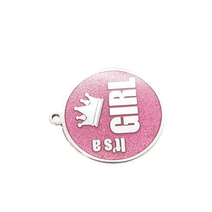 925 Sterling Silver Pink Enamel It's a Girl Crown Round Minimalist Charm Pendant