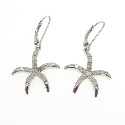 925 Sterling Silver Real Round-Cut Diamond Starfish Dangling Earrings