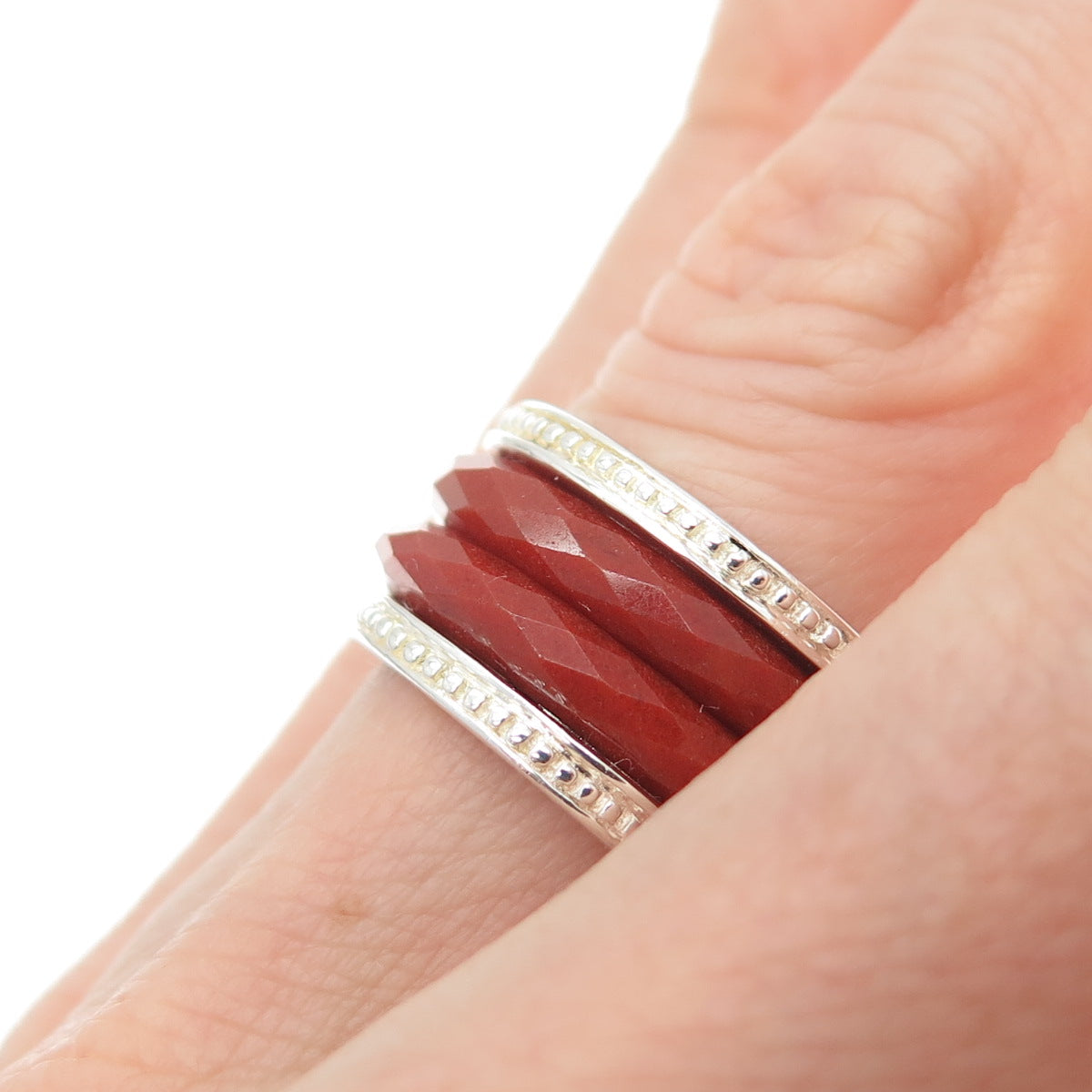 925 Sterling Silver Gold Plated WW Hong Kong Real Carnelian 2-Row Ring Size 5.25