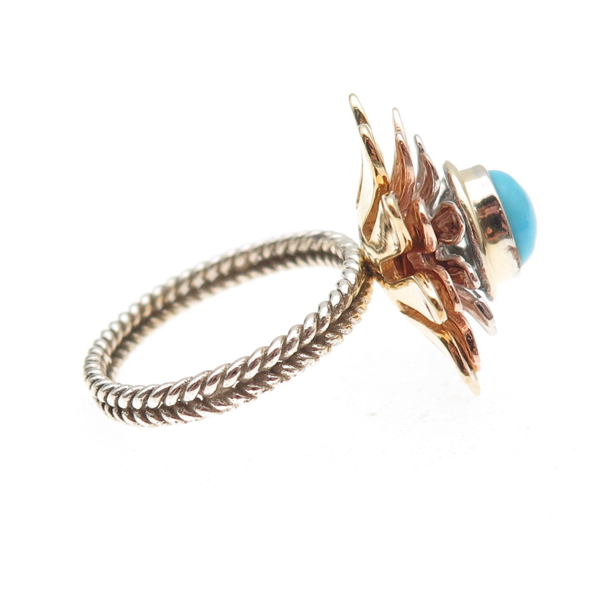 925 Sterling Silver 3-Tone Real Sleeping Beauty Turquoise Floral Ring Size 8
