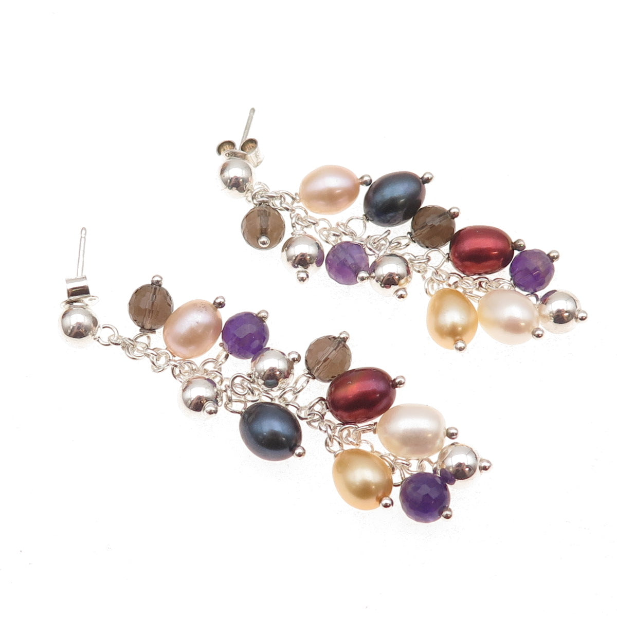 925 Sterling Silver Vintage Real Pearl Amethyst Smoky Quartz Dangle Earrings