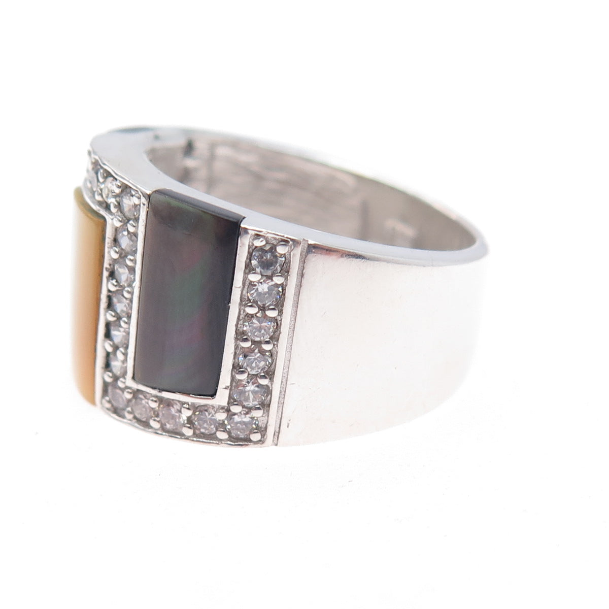925 Sterling Silver Real Abalone Shell MOP & C Z Ring Size 9.5