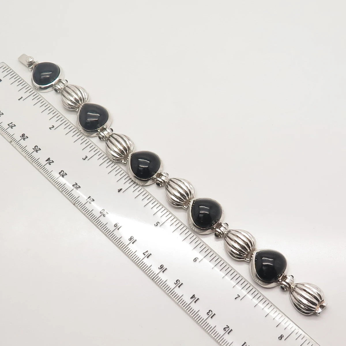 925 Sterling Silver Vintage Real Black Onyx Gemstone Bracelet 7.25"