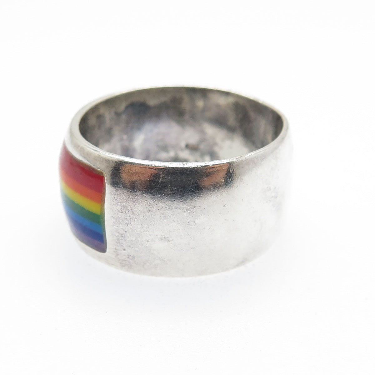 925 Sterling Silver Vintage Enamel Rainbow Band Ring Size 10