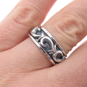 925 Sterling Silver Vintage Modernist Swirl Oxidized Rotating Band Ring Size 7.5