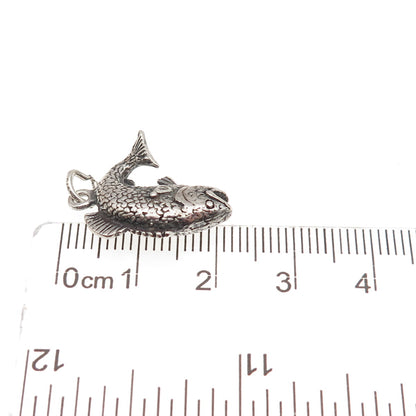 925 Sterling Silver Vintage Koi Fish Oxidized 3D Mini Charm Pendant