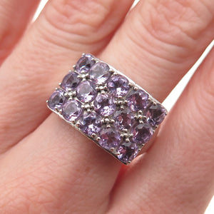 925 Sterling Silver Vintage Real Round-Cut Amethyst Cluster Ring Size 8