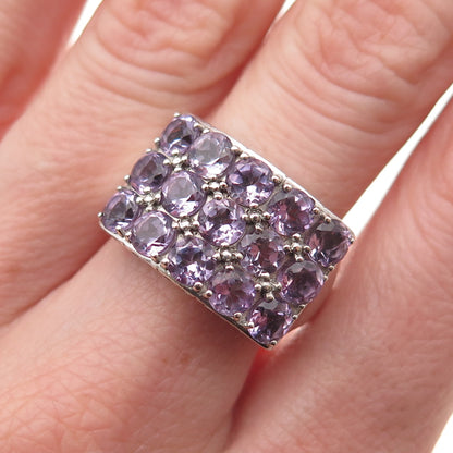 925 Sterling Silver Vintage Real Round-Cut Amethyst Cluster Ring Size 8