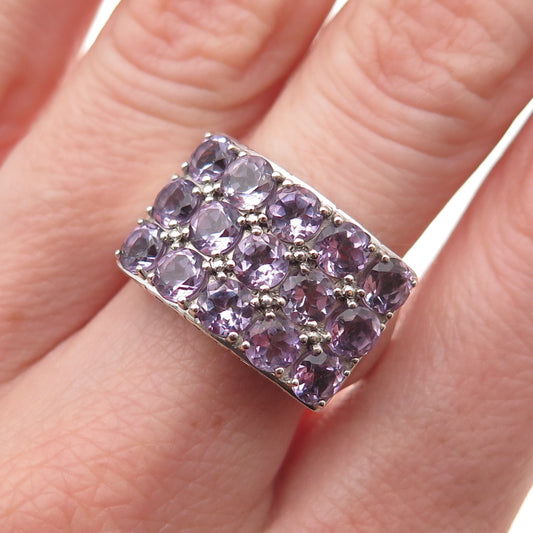 925 Sterling Silver Vintage Real Round-Cut Amethyst Cluster Ring Size 8