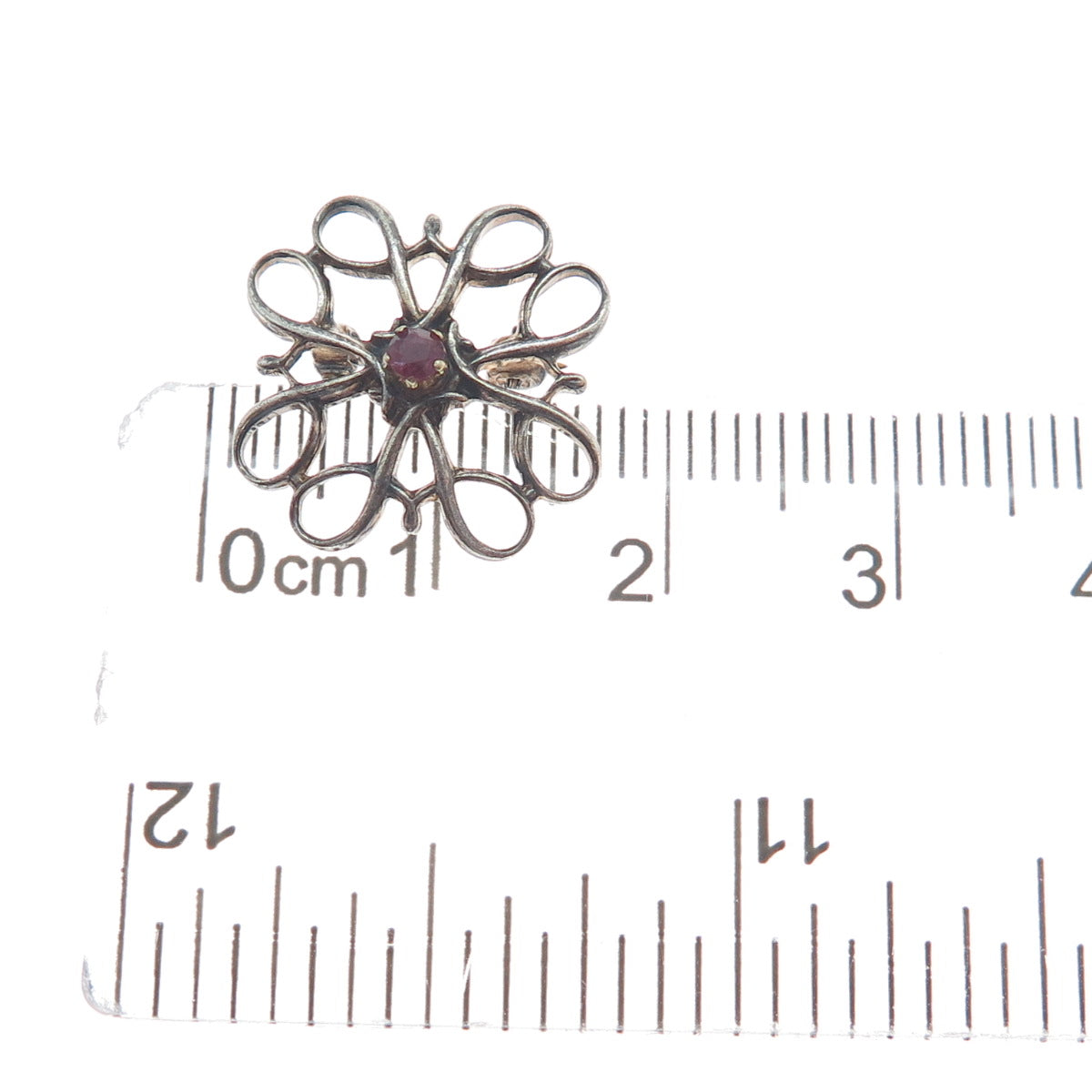 NUMBER ONE 925 Sterling Silver Vintage Real Ruby Swirl Flower Oxidized Brooch