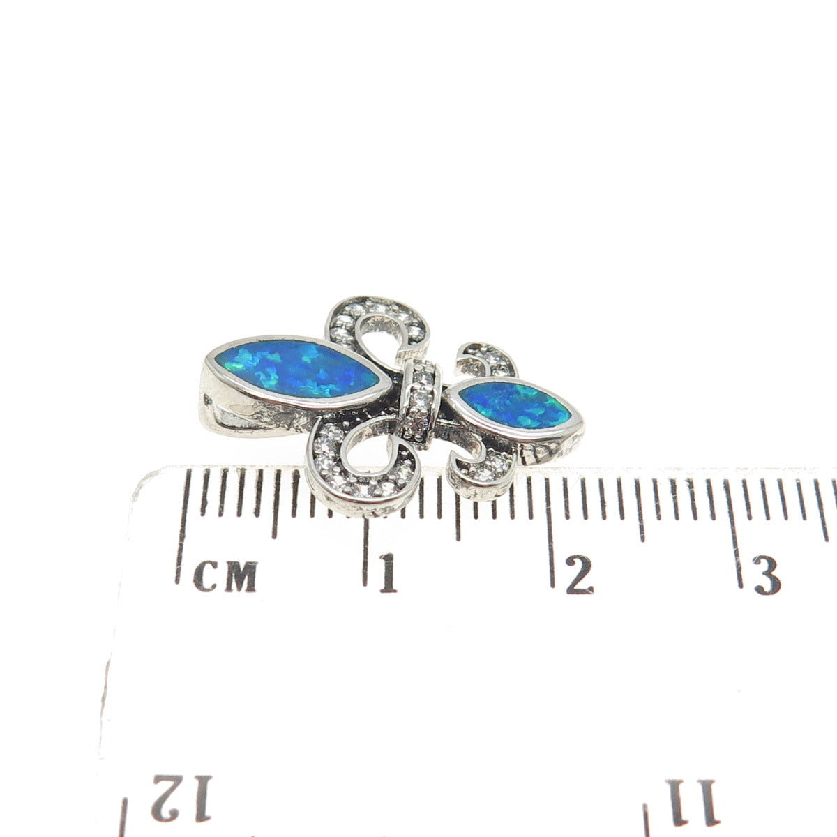 925 Sterling Silver Real Blue Opal Gem Inlay & C Z Fleur de Lis Slide Pendant