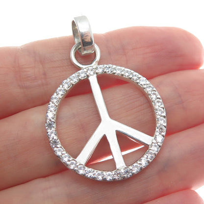 925 Sterling Silver Round-Cut C Z Peace Symbol Charm Pendant