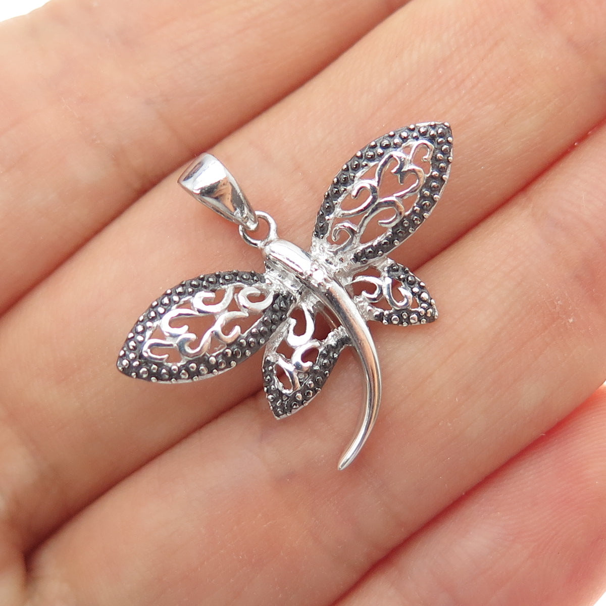 925 Sterling Silver Real Diamond Accent Dragonfly Charm Pendant