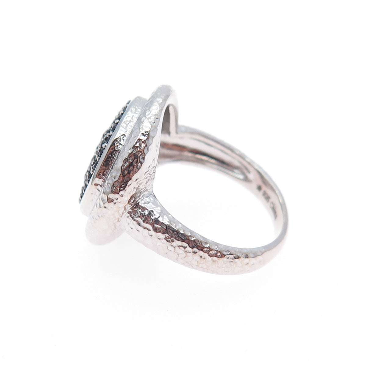 925 Sterling Silver Real Round-Cut Black Spinel Hammered Ring Size 7.25