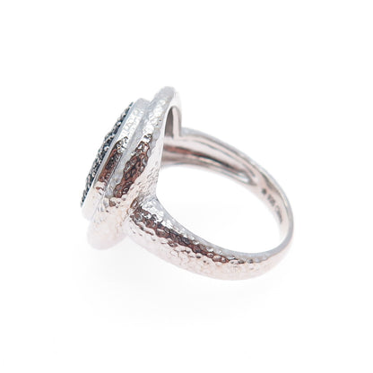 925 Sterling Silver Real Round-Cut Black Spinel Hammered Ring Size 7.25