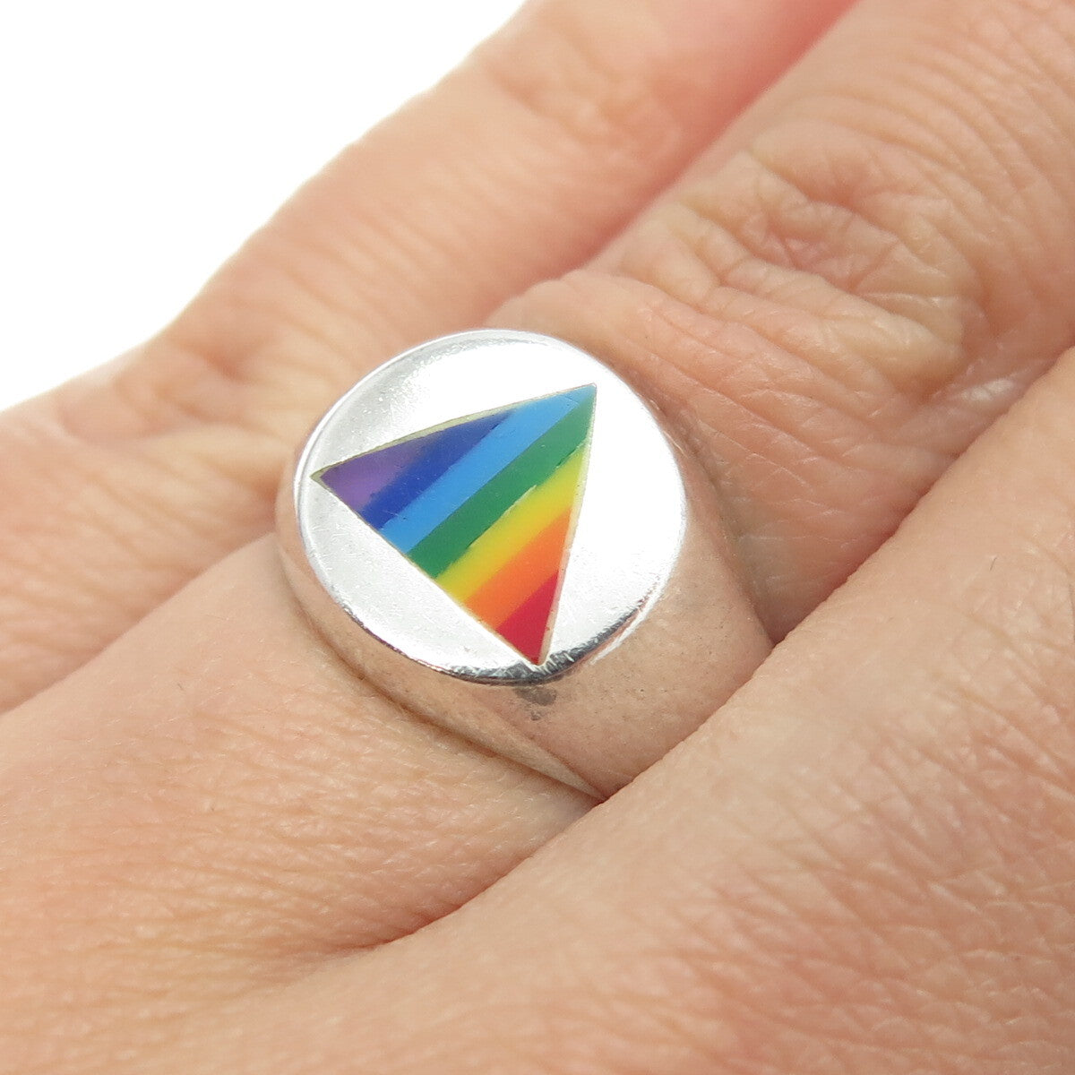 925 Sterling Silver Vintage Rainbow Enamel "Happy Pride" Signet Ring Size 6