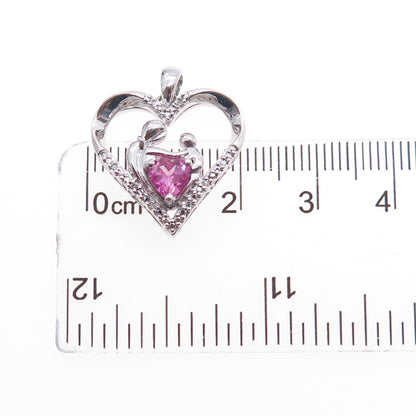SUN Sterling Silver Real Diamond Pink Sapphire Mom & Child Heart Charm Pendant