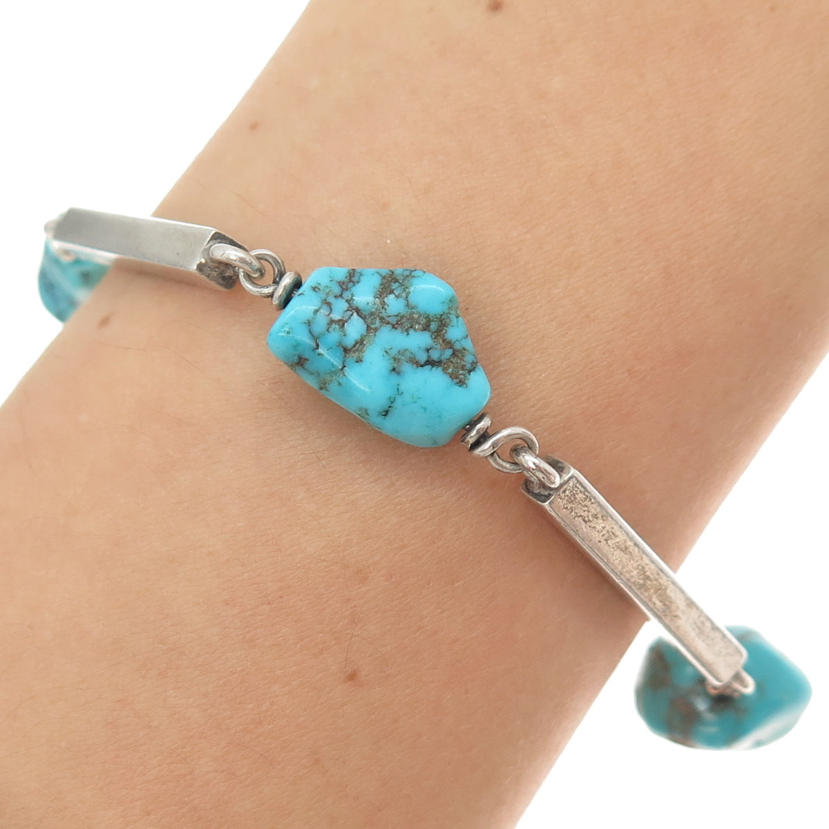 925 Sterling Silver Vintage Real Kingman Turquoise Bar Link Bracelet 7.5"