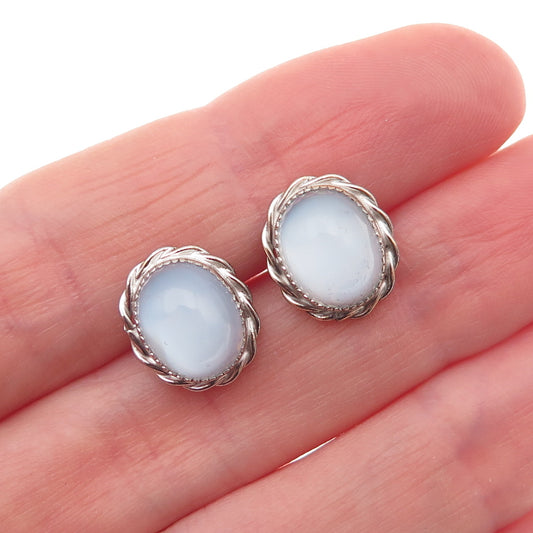 White Gold Filled Antique Art Deco Opalite Oxidized Stud Earrings