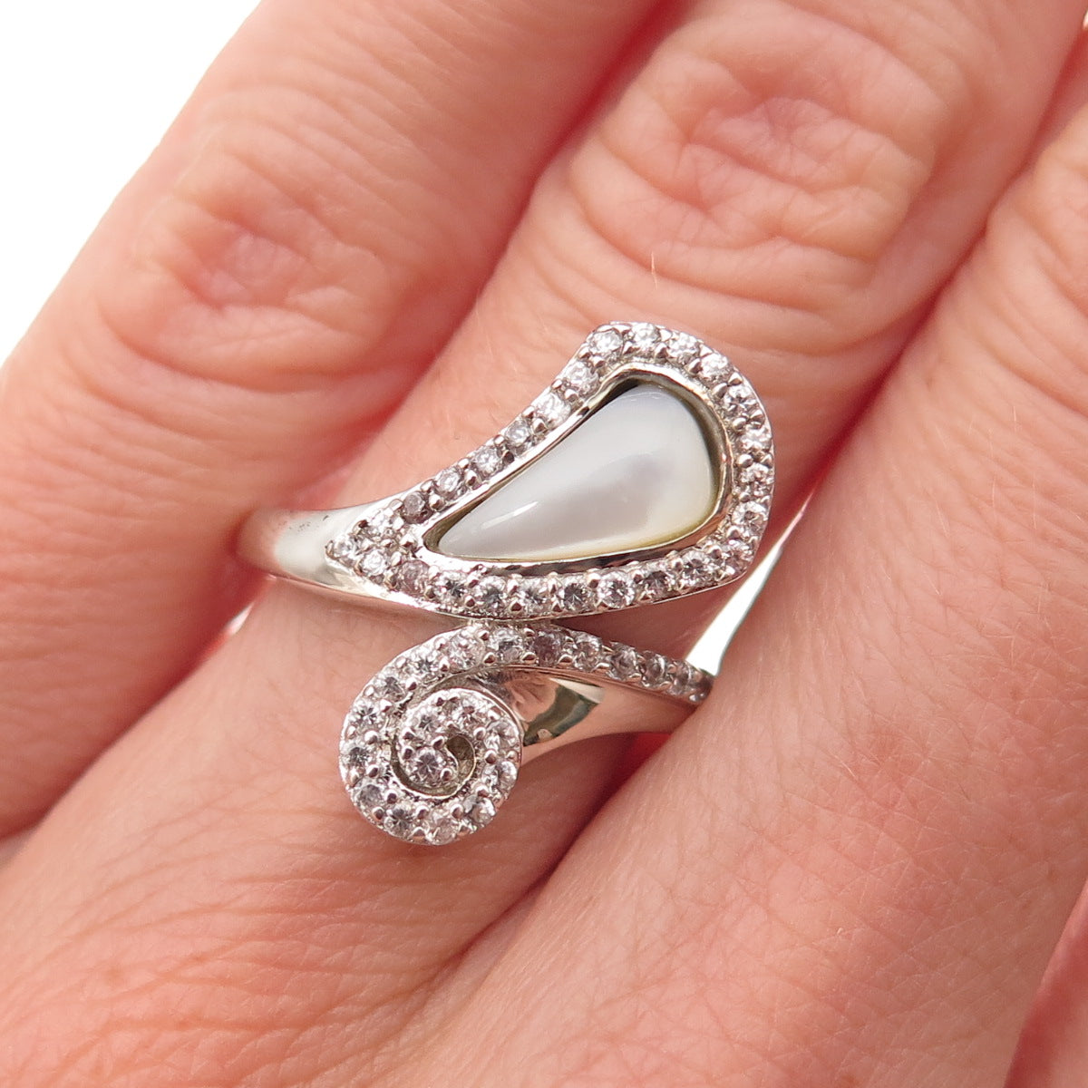 925 Sterling Silver Real MOP & C Z Spiral Bypass Ring Size 6
