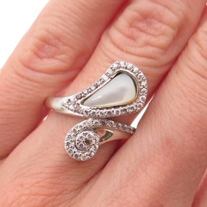 925 Sterling Silver Real MOP & C Z Spiral Bypass Ring Size 6