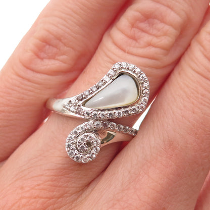 925 Sterling Silver Real MOP & C Z Spiral Bypass Ring Size 6