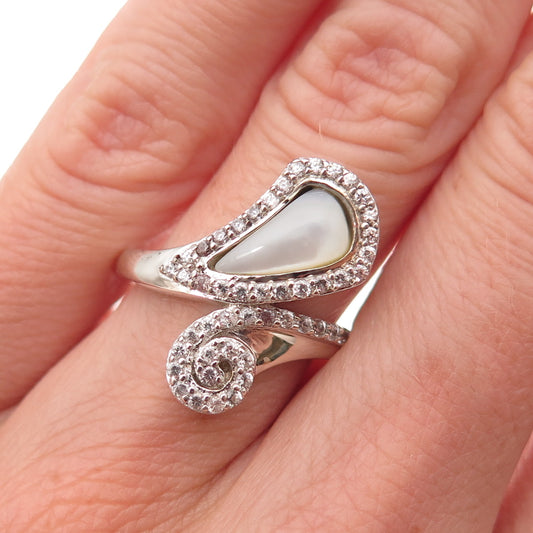 925 Sterling Silver Real MOP & C Z Spiral Bypass Ring Size 6