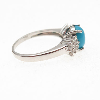 925 Sterling Silver Real Sleeping Beauty Turquoise & White Topaz Ring Size 8