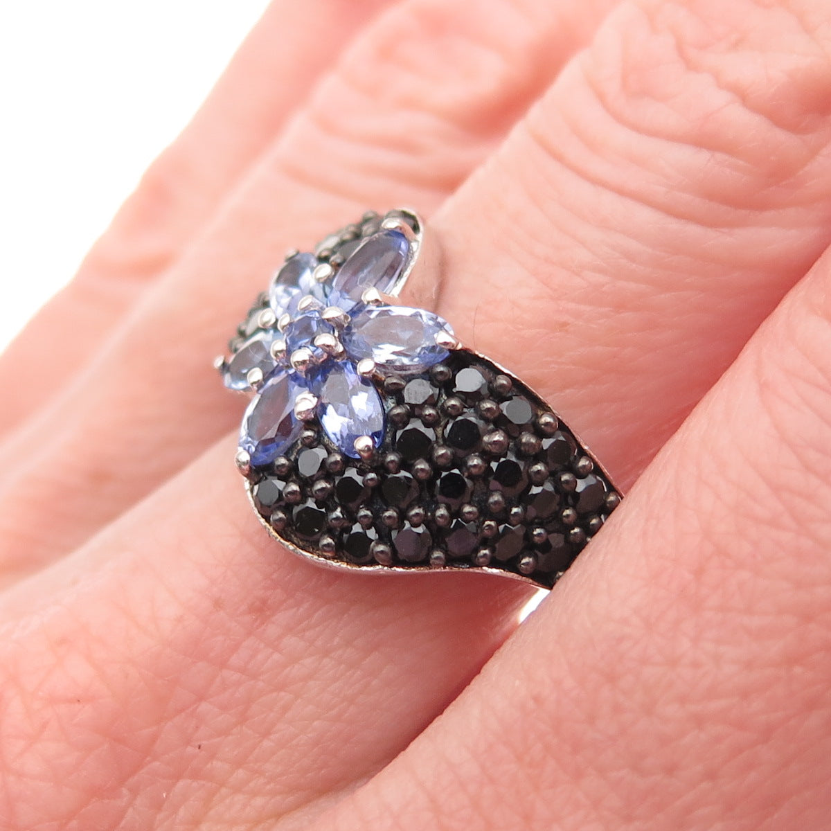 Chuck Clemency Sterling Silver Real Tanzanite Black Spinel Floral Ring Size 8.25