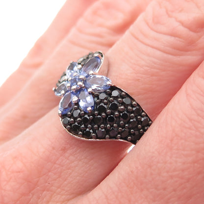 Chuck Clemency Sterling Silver Real Tanzanite Black Spinel Floral Ring Size 8.25