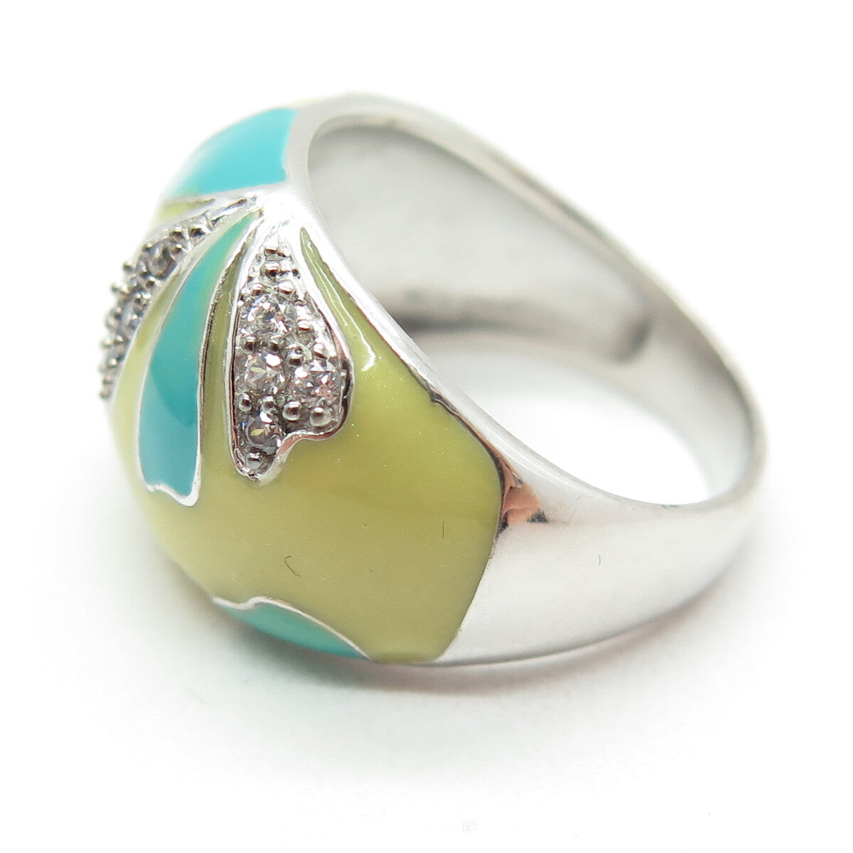 925 Sterling Silver Yellow & Blue Enamel Round-Cut C Z Floral Dome Ring Size 8