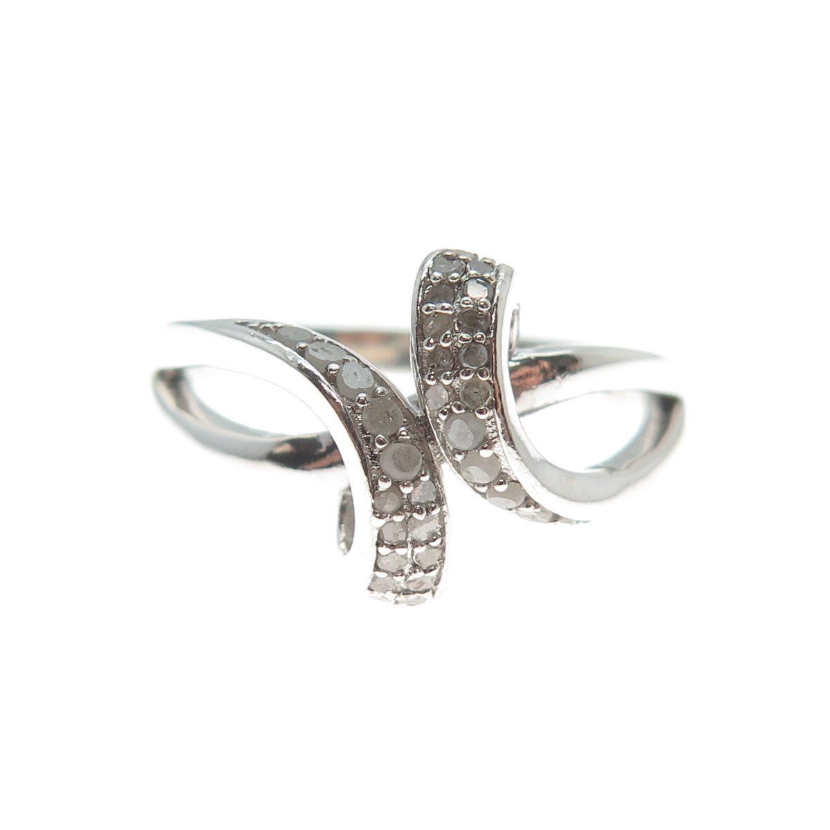 925 Sterling Silver Real Round-Cut Diamond Bypass Ring Size 8.25