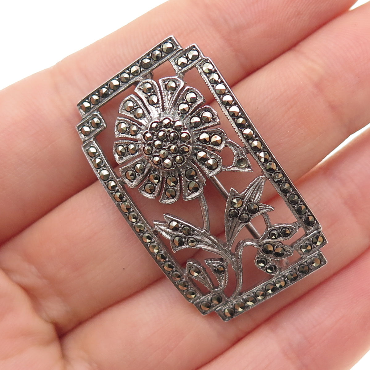925 Sterling Antique Art Deco Real Marcasite Flower Pin Brooch (missing 1 stone)