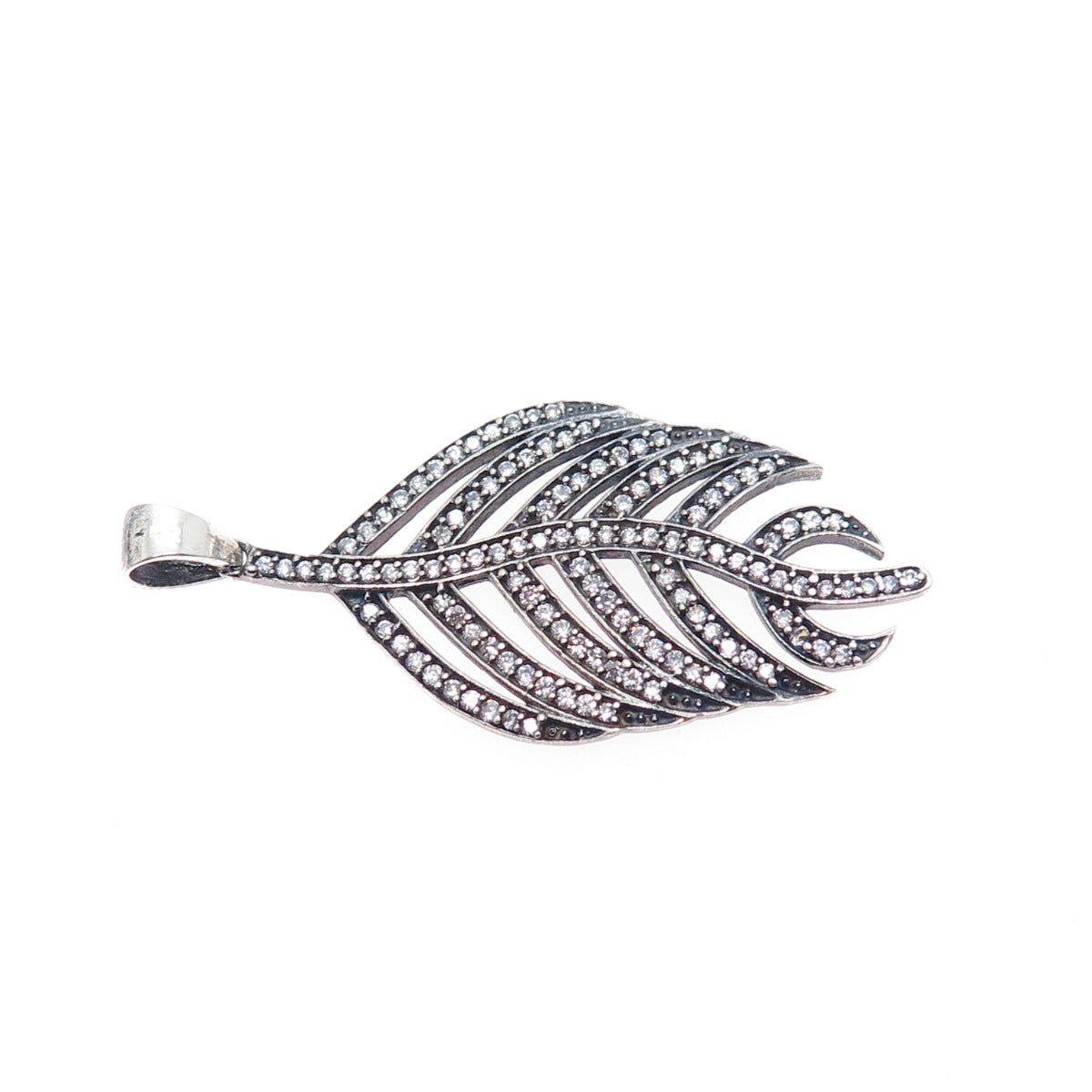 925 Sterling Silver Vintage Round-Cut C Z Feather Oxidized Charm Pendant