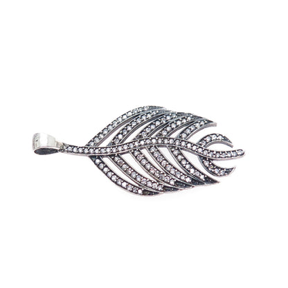 925 Sterling Silver Vintage Round-Cut C Z Feather Oxidized Charm Pendant