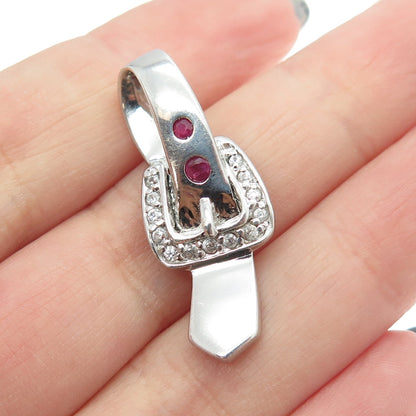 925 Sterling Silver Real Round-Cut Ruby & White Topaz Belt Buckle Hook Pendant