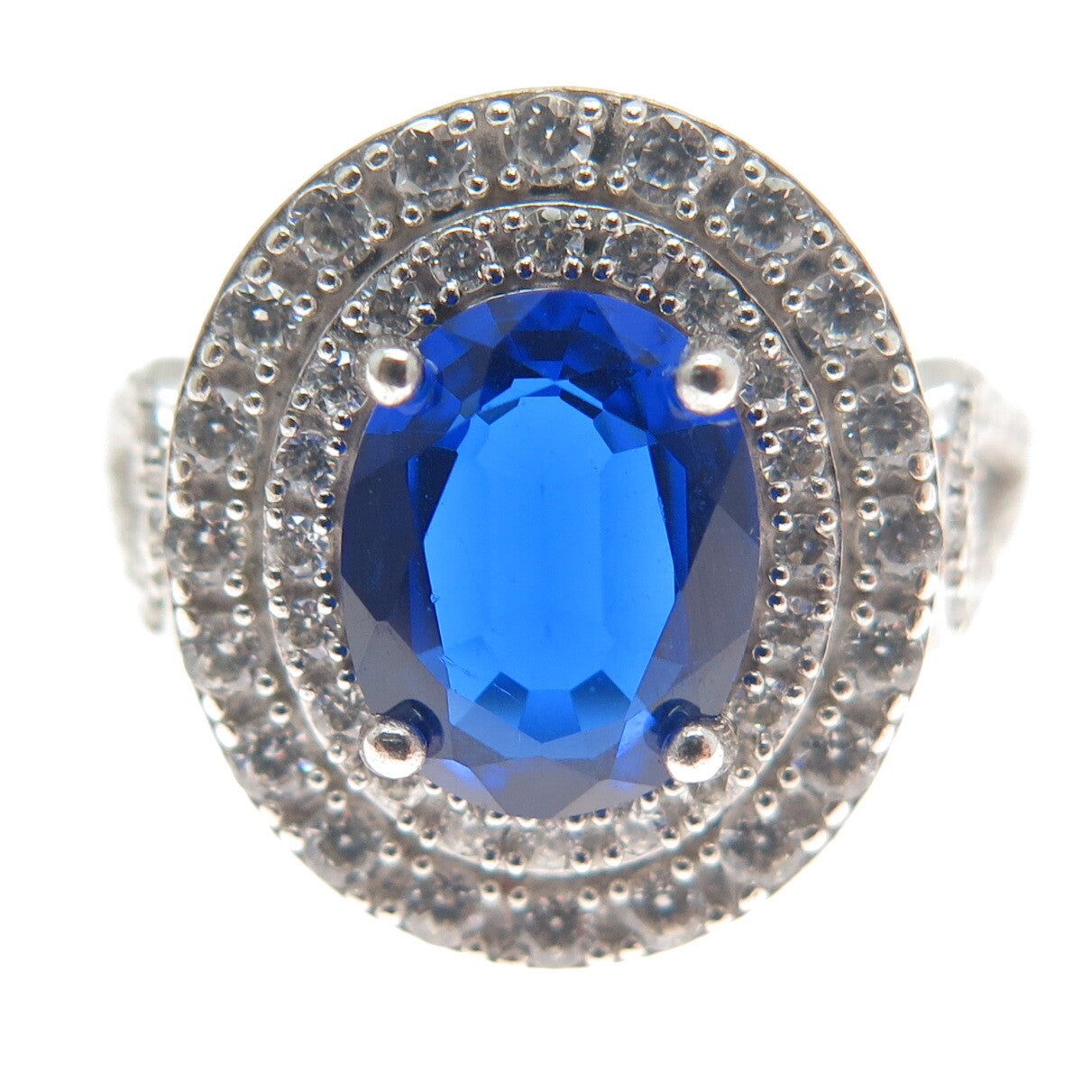 925 Sterling Silver Blue Oval-Cut & White Round-Cut Shaped C Z Ring Size 7