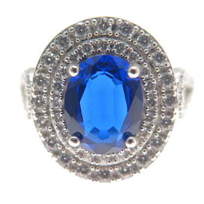 925 Sterling Silver Blue Oval-Cut & White Round-Cut Shaped C Z Ring Size 7