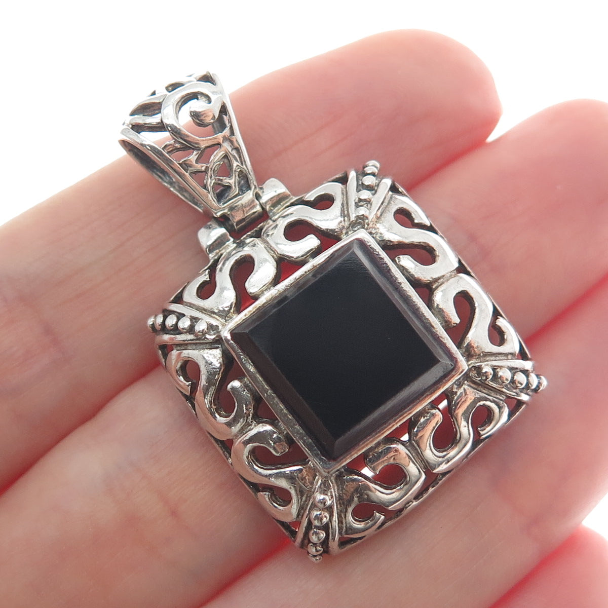 925 Sterling Silver Vintage Real Black Onyx Letter S Ornate Oxidized Pendant