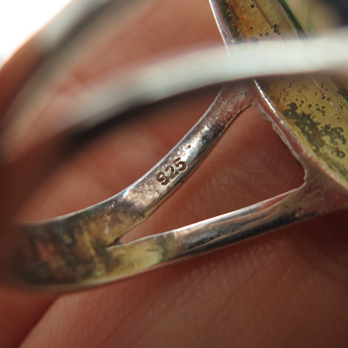 925 Sterling Silver Vintage Real Green Agate Modernist Ring Size 10