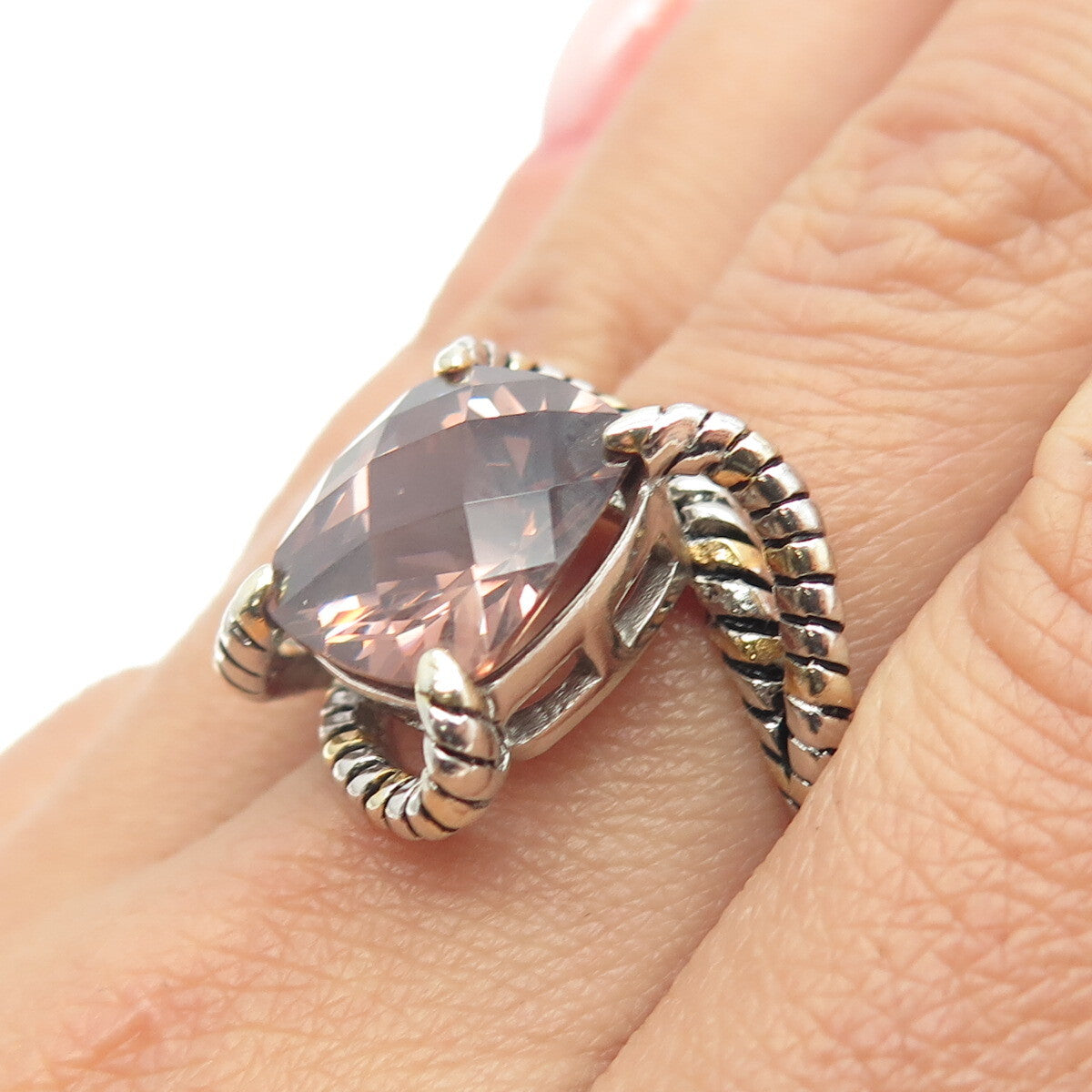 925 Sterling Silver Cushion-Cut Cognac C Z Bypass Ring Size 9
