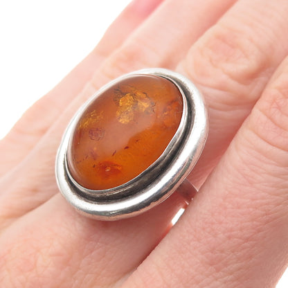 925 Sterling Silver Vintage EK Poland Real Amber Modernist Ring Size 6.75
