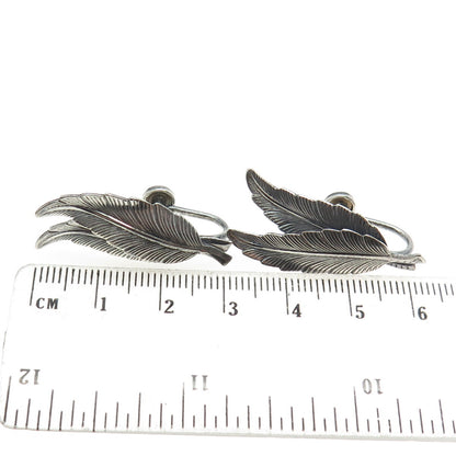 BEAU 925 Sterling Silver Antique Art Deco Feather Screw Back Earrings