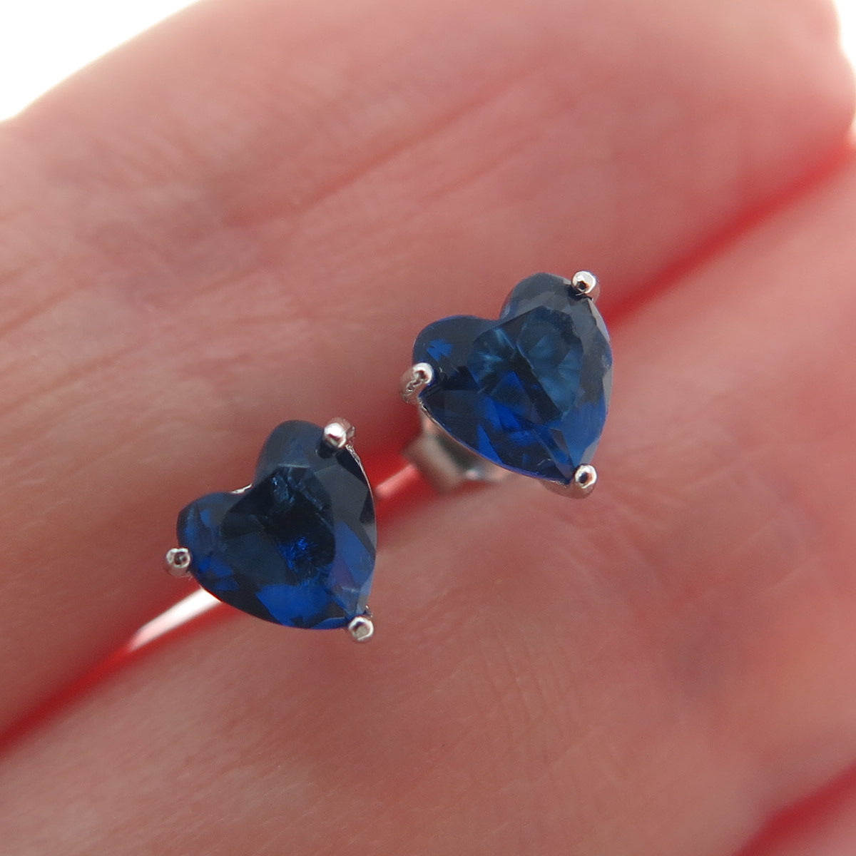 925 Sterling Silver Heart-Cut Dark Blue C Z Stud Earrings