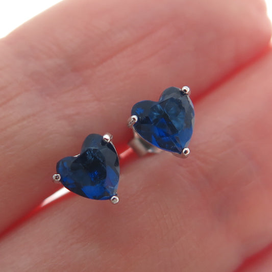 925 Sterling Silver Heart-Cut Dark Blue C Z Stud Earrings
